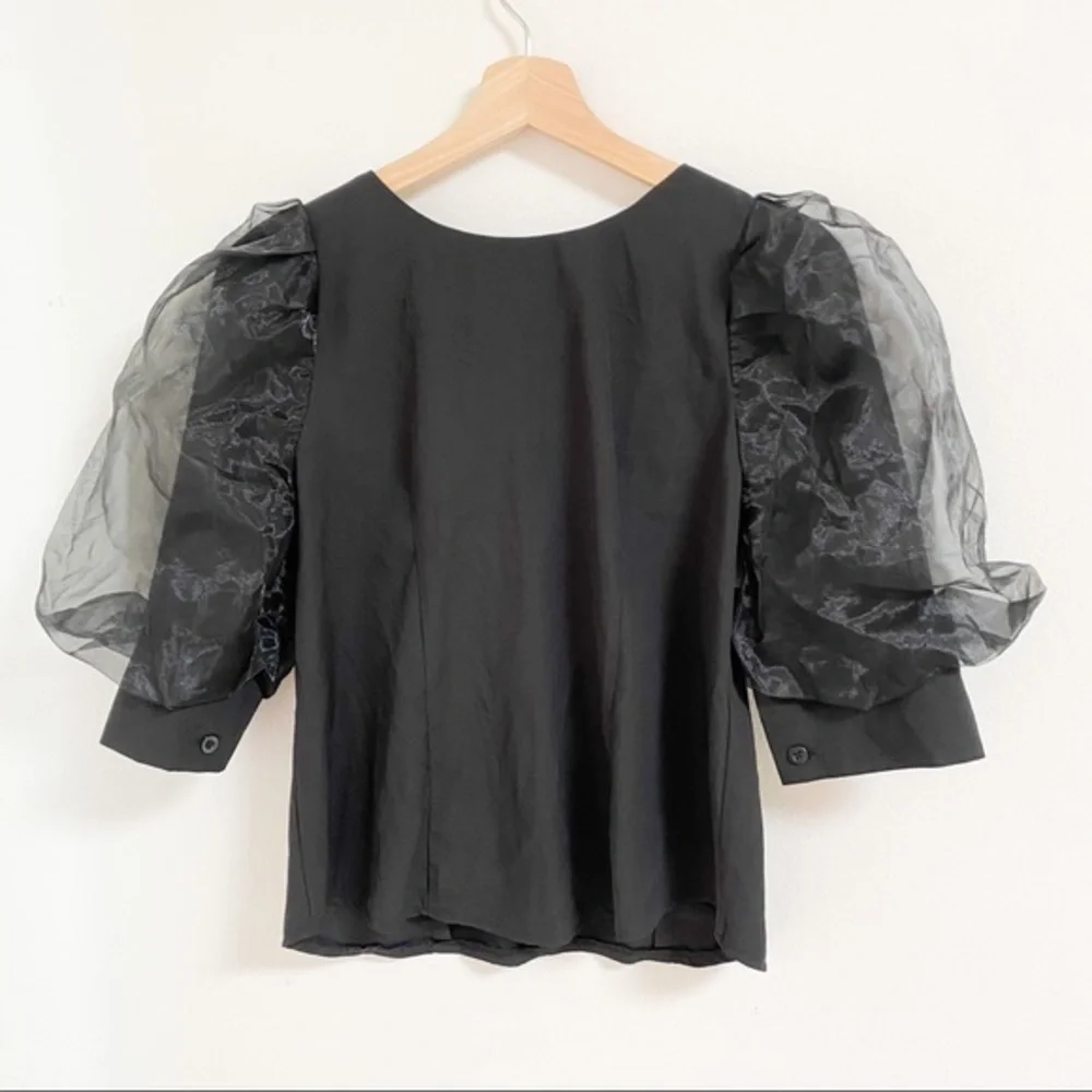 Black with sheer puffy sleeves top blouse